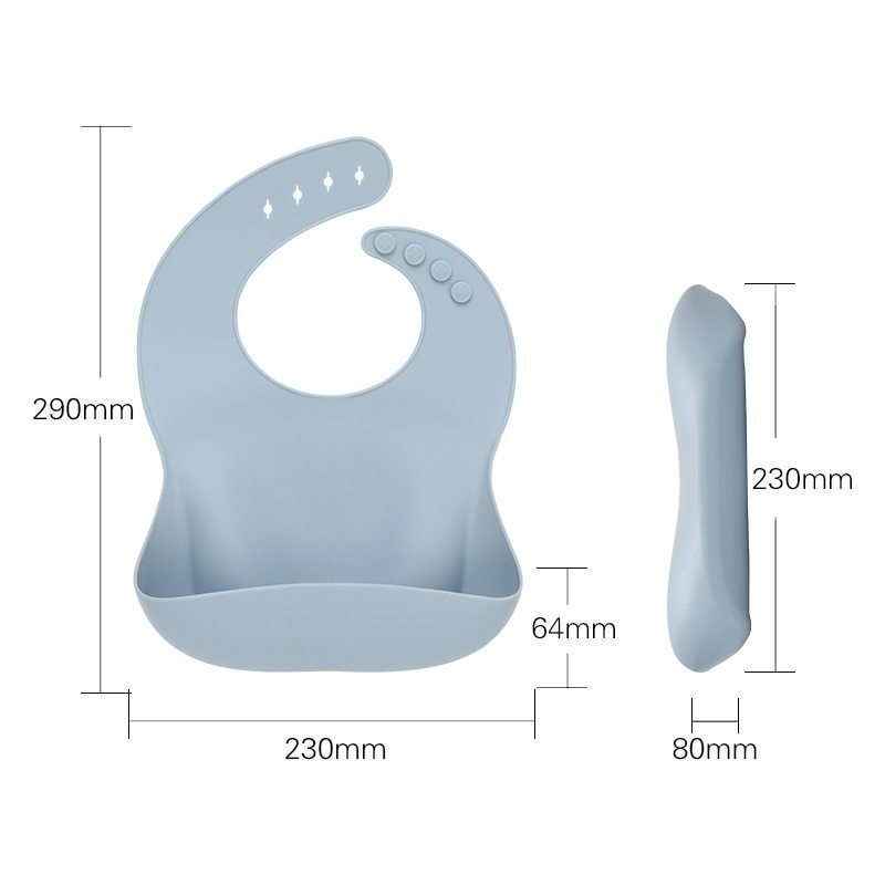 Babador de silicone com bolso cata migalhas. Imagens contém medidas do produto.