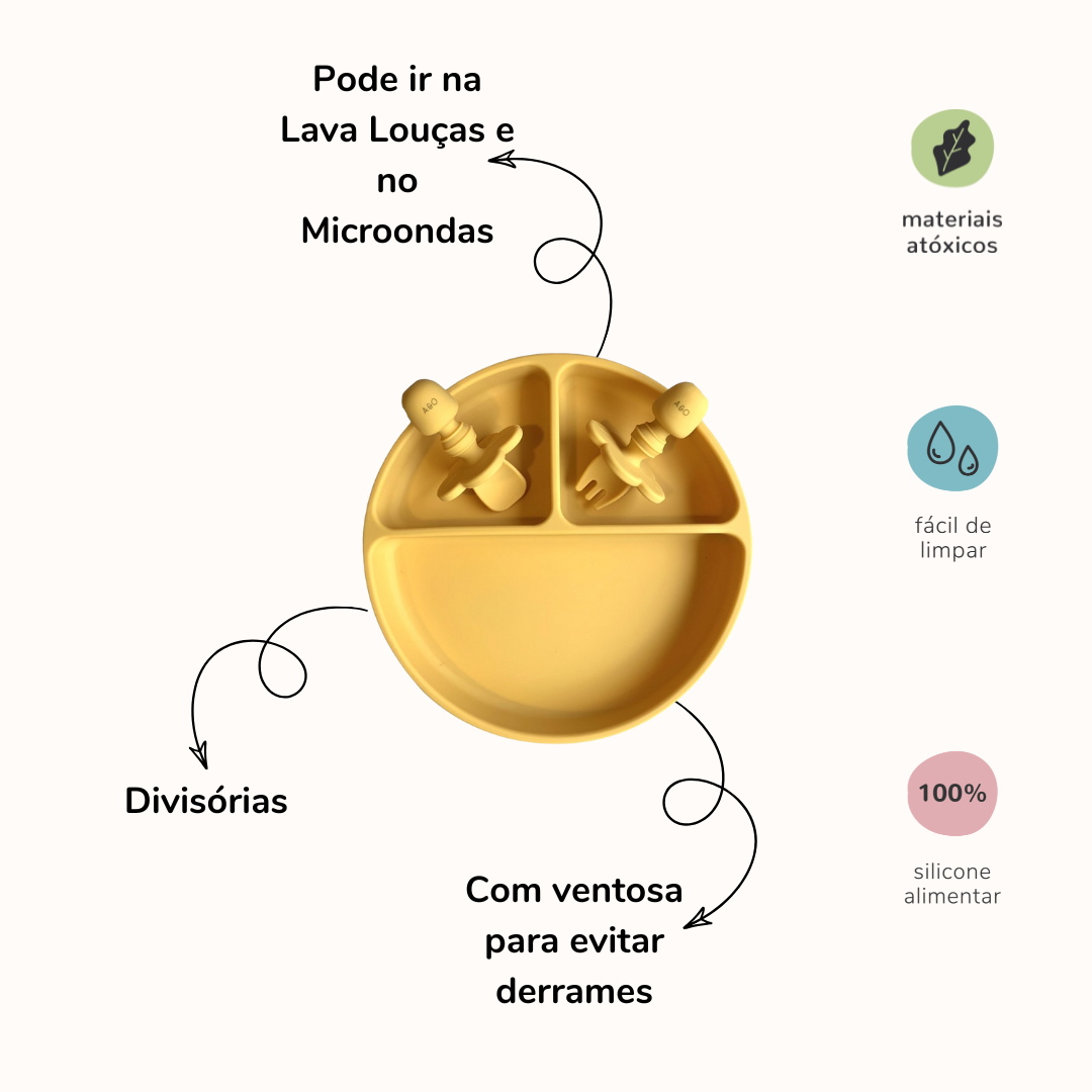 Prato de silicone com duas divisorias na vertical e uma divisoria na horizontal e duas talheres de silicone, tudo na cor amarelo mostarda. Imagem contém informações sobre o produto.